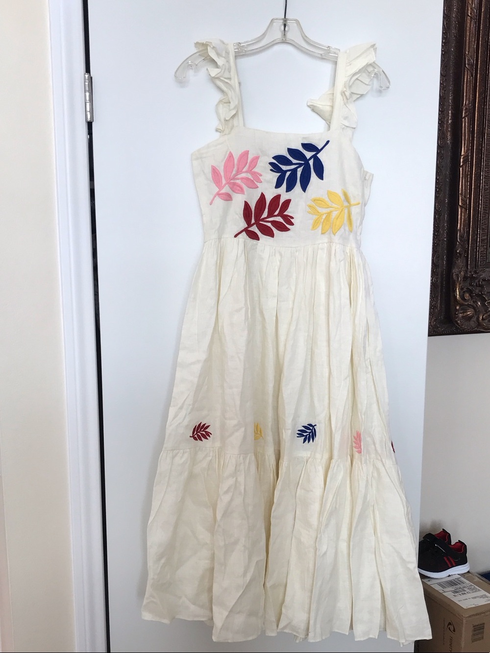 Cream Maxi Dress with Multicolor Leaf Embroidery
